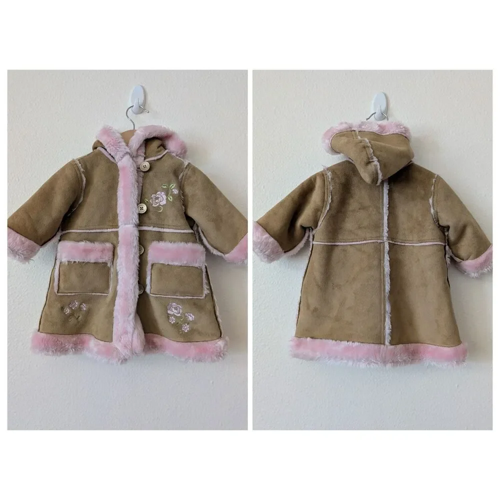 The Children's Place Baby Girl Faux Suede Sherpa Coat Pink Hooded 6-9M